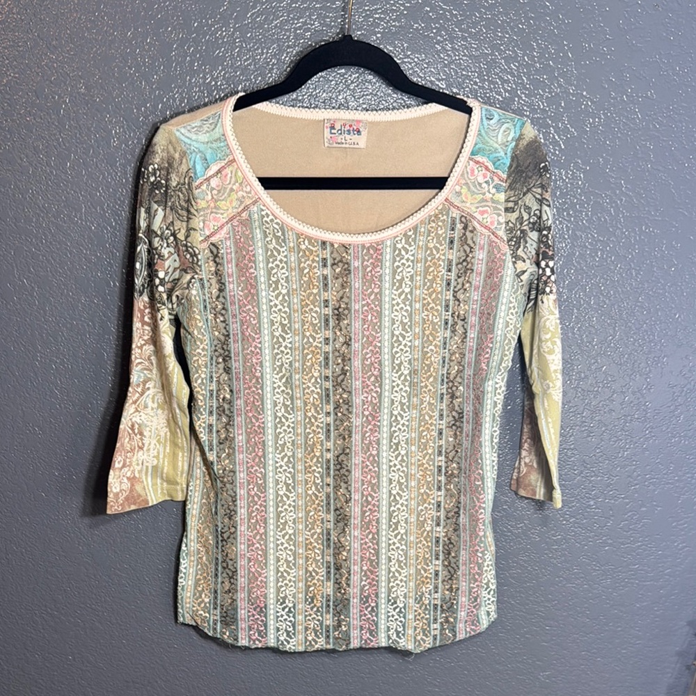 Edista Womens Blouse Top Lace Tattoo Lined y2k Multicolor Cropped Sleeve L Large